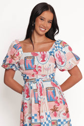 Clo Puff Sleeve Midi Dress - Pink Blue